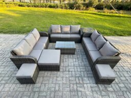 Rackhams 12 Seater Dark Grey Mixed Rattan Outdoor Lounge Set - Rectangular Coffee Table, 3-Seater Sofa, Side Table & 3 Footstools - thumbnail 1
