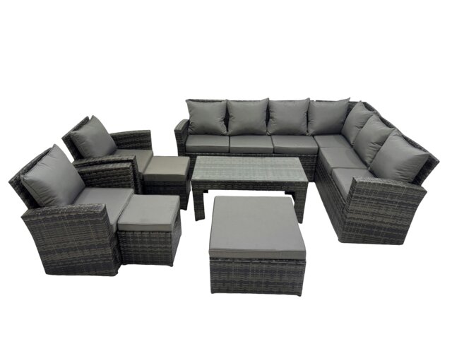 Rackhams Rattan Garden Furniture Set 8 Pieces Outdoor Garden Sofa Oblong Coffee Table Set with Chair 3 Footstools Dark Grey Mixed - image 1