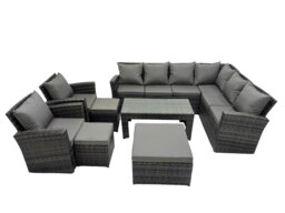Rackhams Rattan Garden Furniture Set 8 Pieces Outdoor Garden Sofa Oblong Coffee Table Set with Chair 3 Footstools Dark Grey Mixed - thumbnail 1