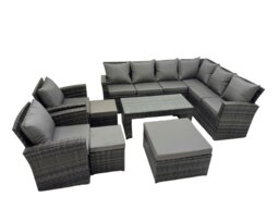 Rackhams Rattan Garden Furniture Set 8 Pieces Outdoor Garden Sofa Oblong Coffee Table Set with Chair 3 Footstools Dark Grey Mixed - thumbnail 2