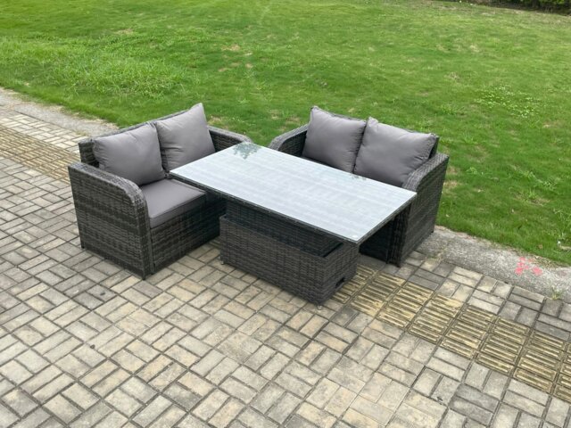 Rackhams Outdoor Rattan Furniture Garden Dining Set Height Adjustable Rising lifting Table With Love Sofa Dark Grey Mixed - image 1