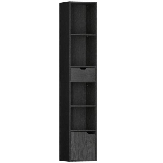 Rackhams 6-Tier Bookcase, Tall Narrow Bookshelf with Drawer and Door - Black