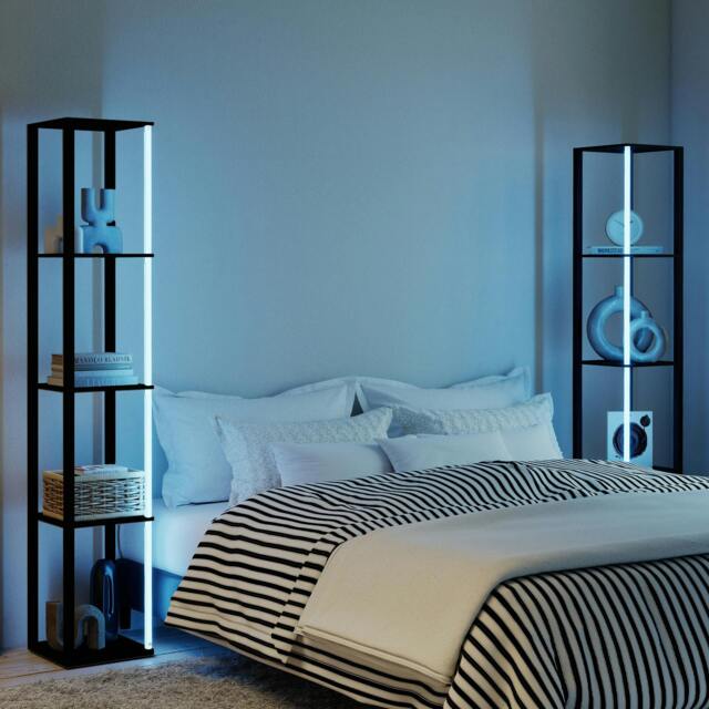 Rackhams RGB LED Floor Lamp with Shelves and Remote Control for Bedroom, Oak - Black - image 1