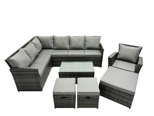Rackhams 10 Seat Poly Rattan Outdoor Patio Coffee Table Corner Sofa Set with 3 Stools Chair for Garden Backyard Dark Grey Mixed - image 1