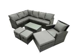 Rackhams 10 Seat Poly Rattan Outdoor Patio Coffee Table Corner Sofa Set with 3 Stools Chair for Garden Backyard Dark Grey Mixed - thumbnail 2