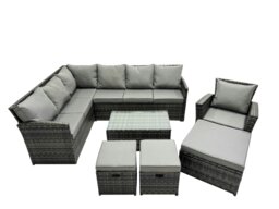 Rackhams 10 Seat Poly Rattan Outdoor Patio Coffee Table Corner Sofa Set with 3 Stools Chair for Garden Backyard Dark Grey Mixed - thumbnail 1
