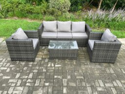Rackhams 5 Seater Outdoor Lounge Sofa Set Wicker PE Rattan Garden Furniture Set with 2 Armchair Oblong Coffee Table Dark Grey Mixed - thumbnail 2