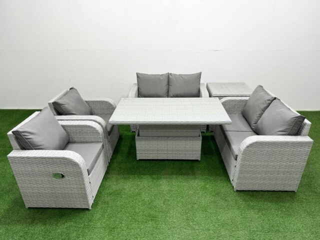 Rackhams 6 Seater Outdoor Reclining Chair Love Sofa Set Rattan Garden Furniture Set with Adjustable Lifting Dining or Coffee Table Side Table Light Grey - image 1