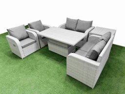 Rackhams 6 Seater Outdoor Reclining Chair Love Sofa Set Rattan Garden Furniture Set with Adjustable Lifting Dining or Coffee Table Side Table Light Grey - thumbnail 2