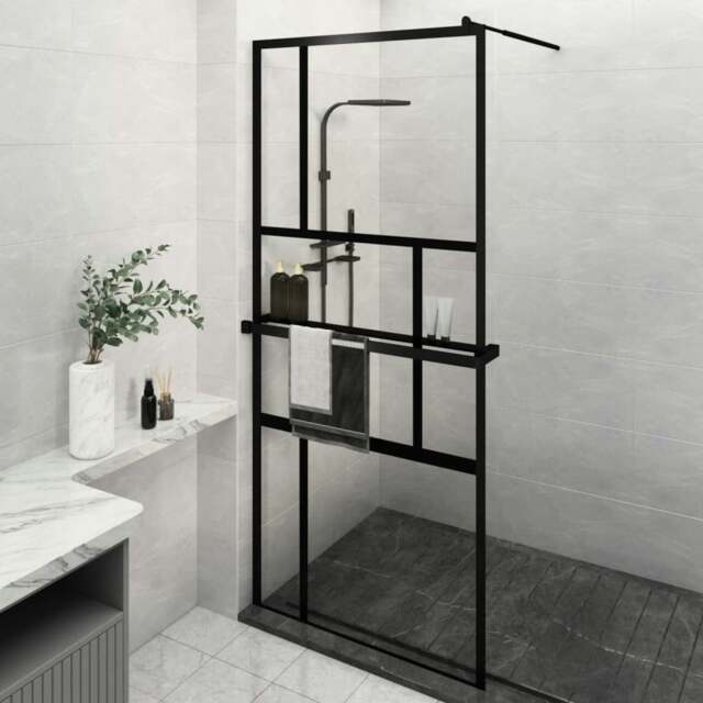 Rackhams Walk-in Shower Wall with Shelf Black 90x195 cm ESG Glass&Aluminium