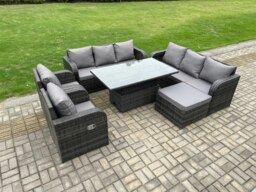 Rackhams 9-Seater PE Rattan Outdoor Dining & Sofa Set - Adjustable Rising Table, Reclining Chair, Side Table - Dark Grey - thumbnail 1