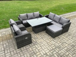 Rackhams 9-Seater PE Rattan Outdoor Dining & Sofa Set - Adjustable Rising Table, Reclining Chair, Side Table - Dark Grey - thumbnail 2