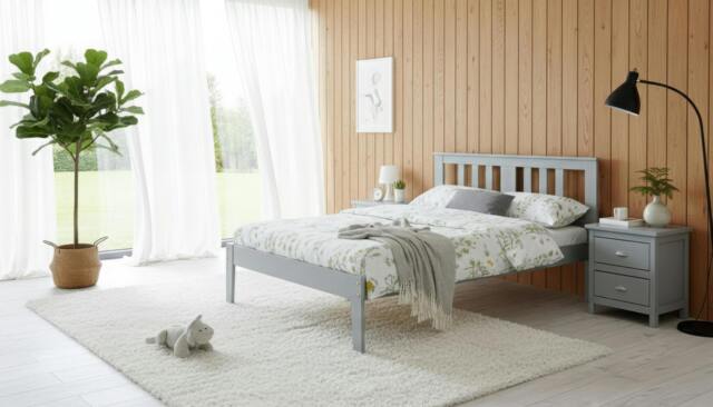 Rackhams Kingston Grey Pine Bed Frame Slatted Headboard Low Foot End 4 Sizes - Grey - 5FT - image 1