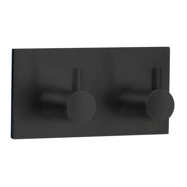 Rackhams Black Stainless Steel Double Towel Hook (90 x 45mm) Self Adhesive Bathroom Wall Mounted