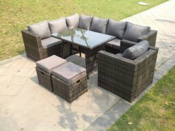 Rackhams 9 Seater Grey Rattan Corner Sofa Set Dining Table Chair Foot Rest Garden Furniture Outdoor - thumbnail 1