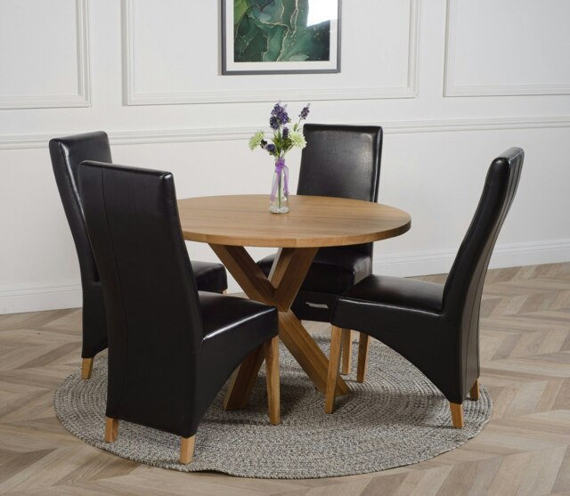 Rackhams Oregon Round Oak Dining Table with Lola Leather Chairs - 1 - 4 chairs - Black - image 1