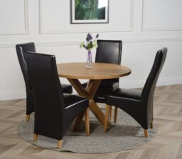 Rackhams Oregon Round Oak Dining Table with Lola Leather Chairs - 1 - 4 chairs - Black - thumbnail 1