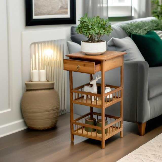 Rackhams 3 Tier Wooden Tall Side Table With Drawer - image 1