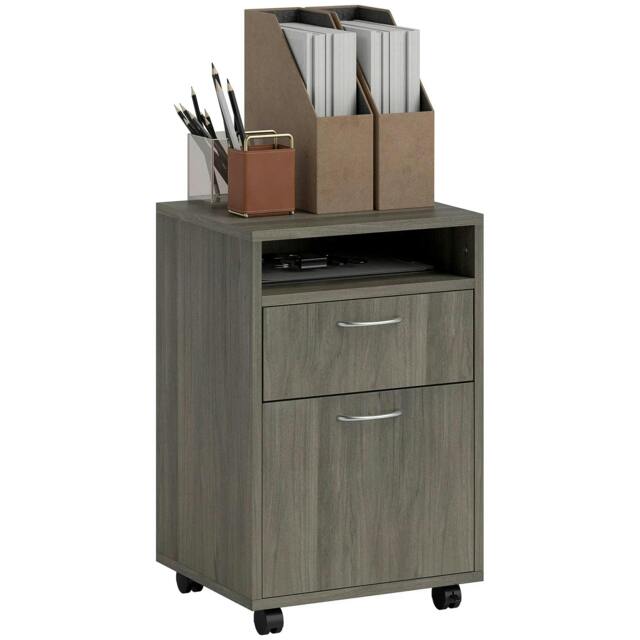 Rackhams 60cm Filing Cabinet with Drawer, Open Shelf, Metal Handles and 4 Wheels, Office Home Organiser Mobile Printer, Grey