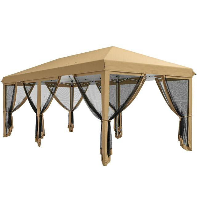 Rackhams 3 x 6m Pop Up Gazebo, Outdoor Canopy Shelter, Marquee Party Wedding Tent with 6 Mesh Walls and Carry Bag, Beige - image 1