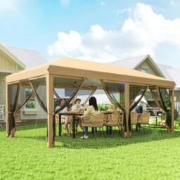 Rackhams 3 x 6m Pop Up Gazebo, Outdoor Canopy Shelter, Marquee Party Wedding Tent with 6 Mesh Walls and Carry Bag, Beige - thumbnail 2