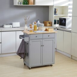 Rackhams Rolling Kitchen Island, Utility Serving Cart with Rubber Wood Top Grey