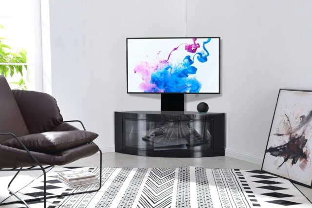 "Rackhams PANGEA Gloss Black Beam-Thru Curved True-Corner 32""-50"" TV Cabinet with Mounting Arm" - image 1