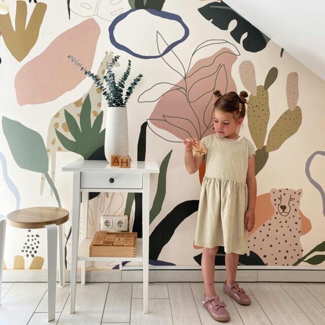Rackhams Nursery Safari Jungle Kids Eco 4 Lane Repeatable Wallpaper Mural 200 x 285cm, Green Taupe Multi - image 1