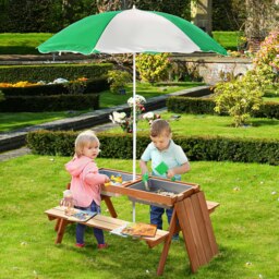 Rackhams Wooden Kids Picnic Table, Sand and Water Table with Benches, Brown - thumbnail 1