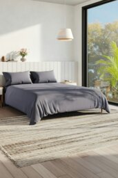 Rackhams Double Duvet Cover and Flat Sheet Set with 2 Pillowcases Solid Color Soft Brushed Fibe Four-Piece Set - Grey - thumbnail 2
