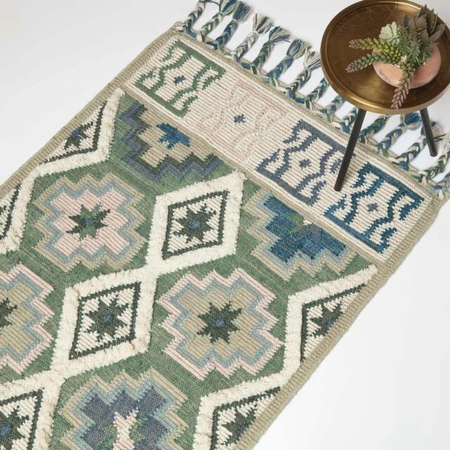 Rackhams Matala Green & Blue Kilim Wool Rug - 120 x 170 cm - image 1