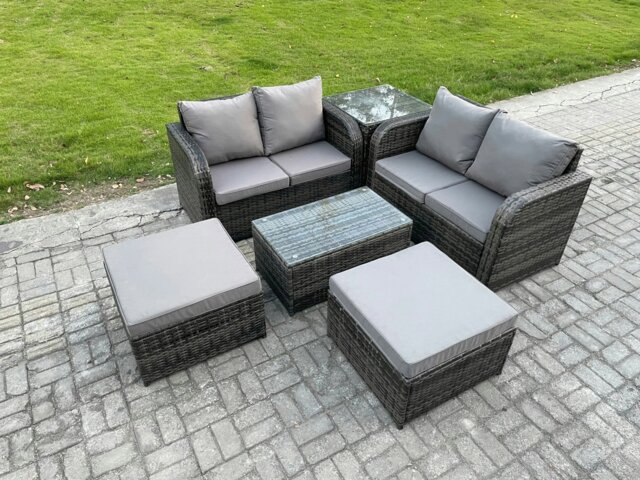 Rackhams 6 Seater Garden Furniture Set Rattan Outdoor Lounge Sofa Chair With Tempered Glass Table 32 Big Footstools Side Table Dark Grey Mixed - image 1