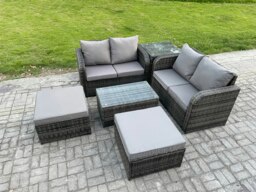 Rackhams 6 Seater Garden Furniture Set Rattan Outdoor Lounge Sofa Chair With Tempered Glass Table 32 Big Footstools Side Table Dark Grey Mixed - thumbnail 2