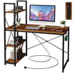 Rackhams Computer Desk with Storage Shelves, 120 x 46cm Industrial Study Desk with Power Outlet for Home Office - Rustic Brown