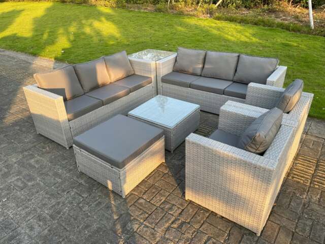 Rackhams 9 Seater Light Grey Rattan Sofa Set Chairs 2 Coffee Table Footstool Outdoor Garden Furniture - image 1