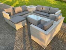 Rackhams 9 Seater Light Grey Rattan Sofa Set Chairs 2 Coffee Table Footstool Outdoor Garden Furniture - thumbnail 2