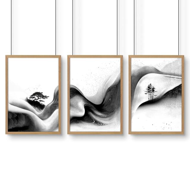 Rackhams Modern Wall Art Living Room - Set of 3 Asian Inspired Wall art Prints - 20 x 30 in / 50 x 76 cm - Matte Museum Quality Art Paper 290 gsm - Oak Frame - image 1