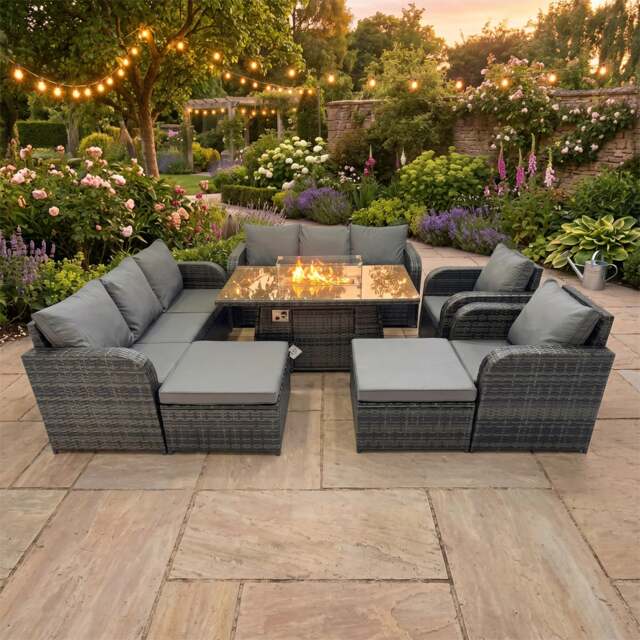 Rackhams Garden Outdoor Rattan Furniture Set Rattan Reclining Chair 3 Seater Sofa with 2 Big Stools 2 Side Tables Dark Grey Mixed - image 1