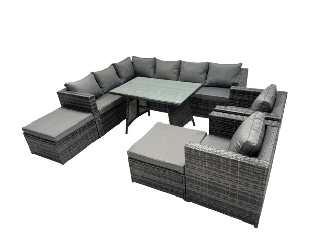 Rackhams 10 seater Outdoor PE Rattan Sofa Set with Dining Table Patio Garden Furniture Sets with 2 Chair 2 Big Stools Dark Grey Mixed - image 1