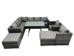 Rackhams 10 seater Outdoor PE Rattan Sofa Set with Dining Table Patio Garden Furniture Sets with 2 Chair 2 Big Stools Dark Grey Mixed - thumbnail 2