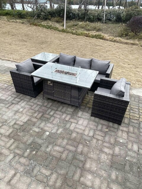 Rackhams Outdoor PE Rattan Garden Furniture Gas Fire Pit Dining Table Armchairs With Side Coffee Table Dark Grey Mixed - image 1