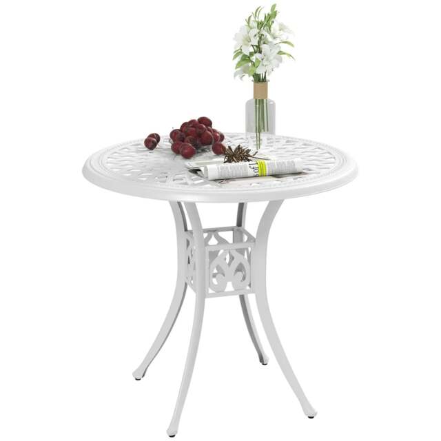 Rackhams 78 cm Round Garden Dining Table with Parasol Hole Antique Cast Aluminium Outdoor Table Only, White