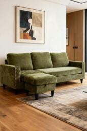 Rackhams Polyester Upholstered L-Shaped 3-Seater Sectional Sofa with Ottoman - Green - One Size - thumbnail 2