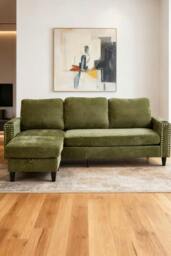 Rackhams Polyester Upholstered L-Shaped 3-Seater Sectional Sofa with Ottoman - Green - One Size