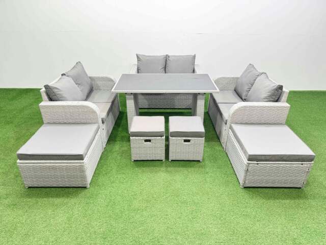 Rackhams 10 Seater Patio Garden Furniture Sets with Black Glass Top Dining Table Love Sofa 2 Side Tables 4 Stools Light Grey - image 1