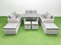 Rackhams 10 Seater Patio Garden Furniture Sets with Black Glass Top Dining Table Love Sofa 2 Side Tables 4 Stools Light Grey - thumbnail 1
