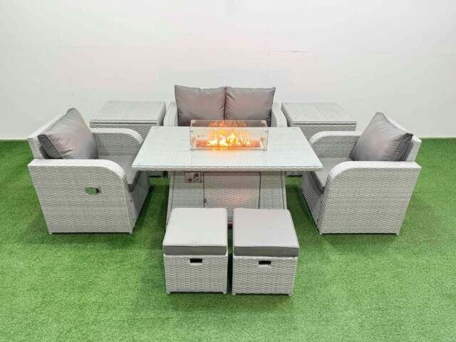 Rackhams Light Grey PE Wicker Rattan Garden Furniture Set Sofa Set Reclining Chair Fire Pit Dining Table 6 Seater 2 Small Stools 2 Side Table - image 1