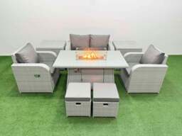Rackhams Light Grey PE Wicker Rattan Garden Furniture Set Sofa Set Reclining Chair Fire Pit Dining Table 6 Seater 2 Small Stools 2 Side Table - thumbnail 1