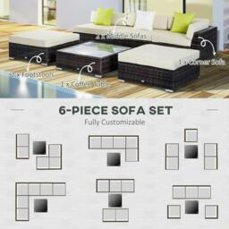 Rackhams 6 PC Rattan Sofa Coffee Table Set Sectional Wicker Weave Furniture for Garden Outdoor Conservatory w/ Pillow Cushion Brown - thumbnail 6