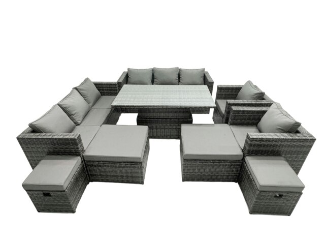 Rackhams Rattan Dining Table Sofa Set with 2 Armchair 4 Stools Outdoor 12 Seat Garden Furniture Set Dark Grey Mixed - image 1
